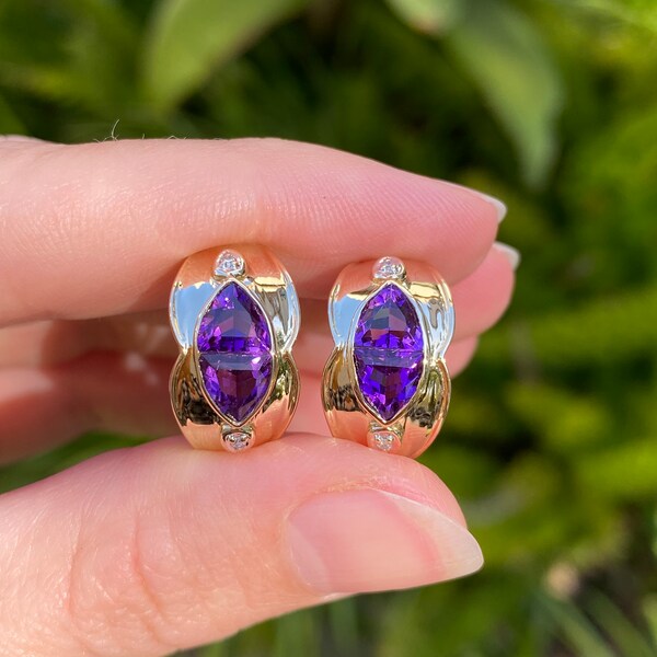 Vintage Solid 14k Yellow Gold Diamond & Amethyst Drop Earrings - Drop Dangle - Quality Fine Estate Jewelry - Real Genuine Gold