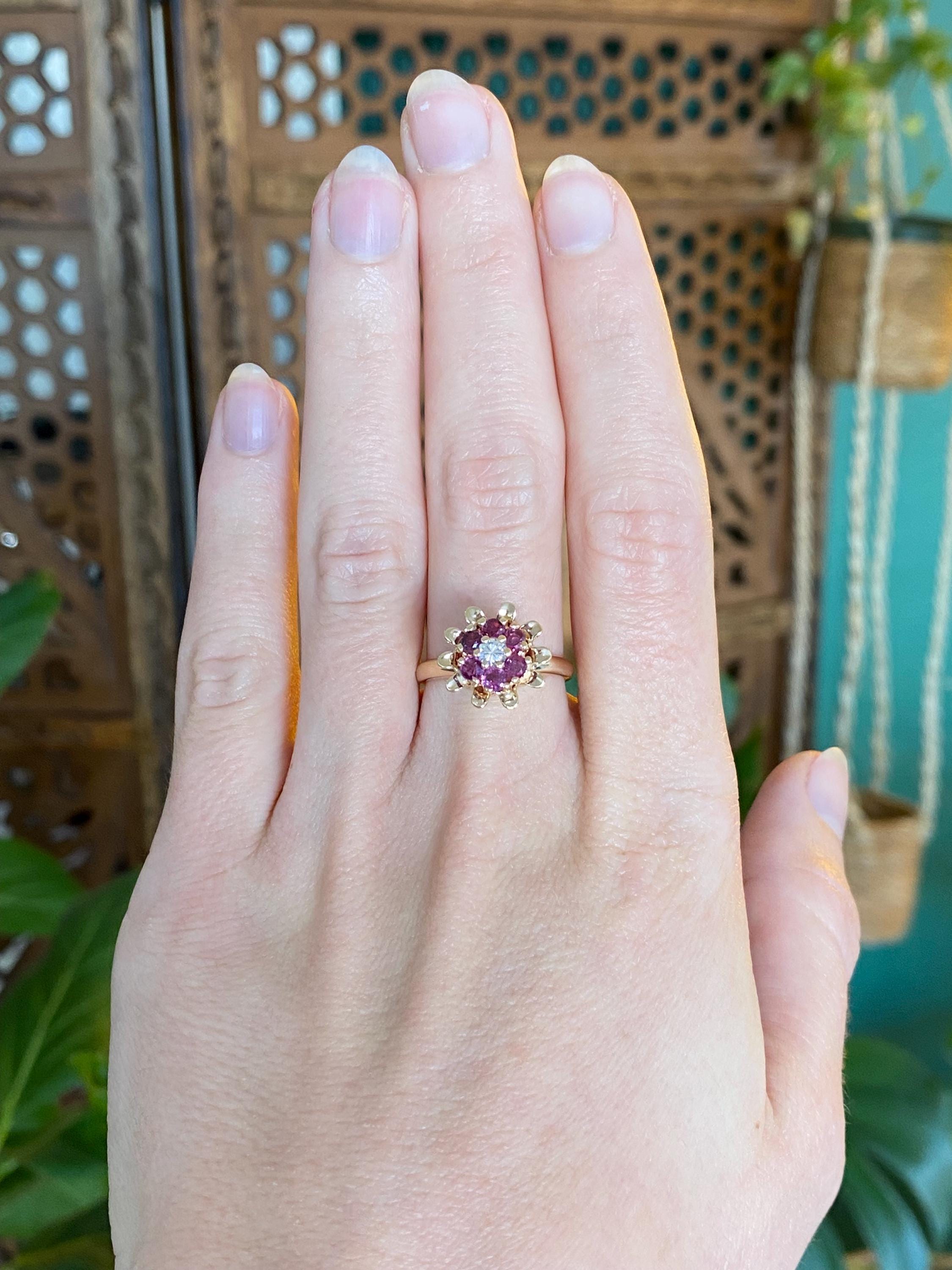 Vintage Solid 14k Yellow Gold Diamond Ruby Flower Ring - Size 6.75 - Etsy