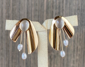 Vintage Solid 14k Yellow Gold Moonstone & Pearl Drop Earrings - Fine Estate Jewelry - Real Genuine Gold