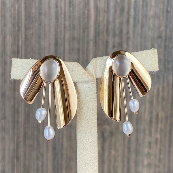 Vintage Solid 14k Yellow Gold Moonstone & Pearl Drop Earrings - Fine Estate Jewelry - Real Genuine Gold