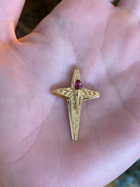 Vintage Solid 18k Yellow Gold Ruby Cross Charm - … - image 1