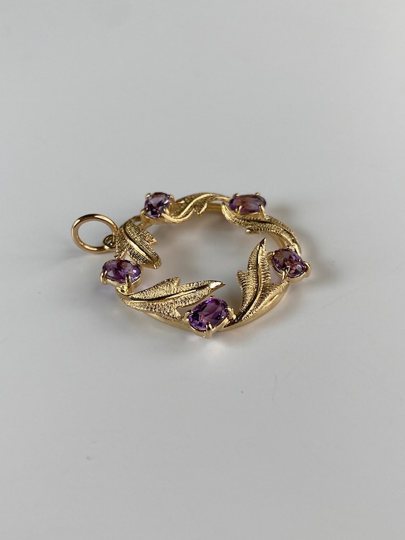 Vintage Solid 14k Yellow Gold Amethyst Leaf Circl… - image 4