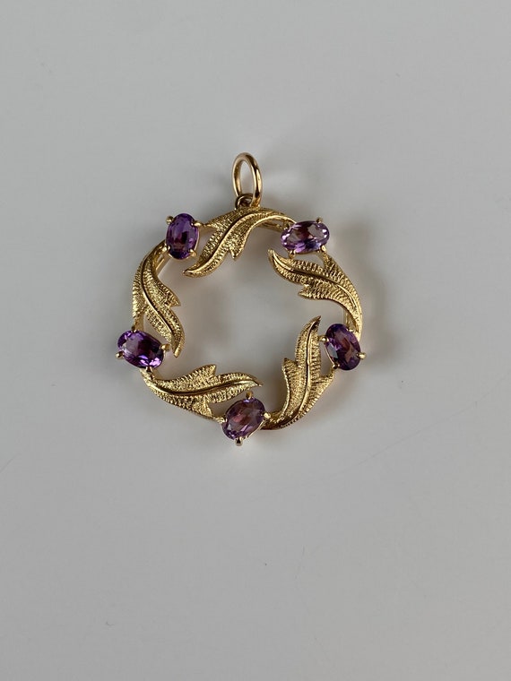 Vintage Solid 14k Yellow Gold Amethyst Leaf Circl… - image 3