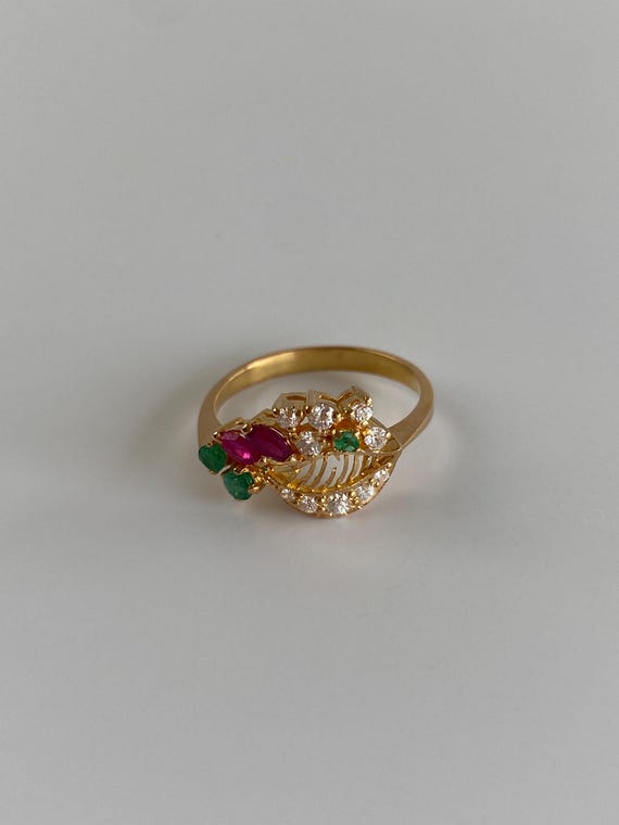 Vintage Solid 20k Yellow Gold Ruby Emerald Cubic … - image 5