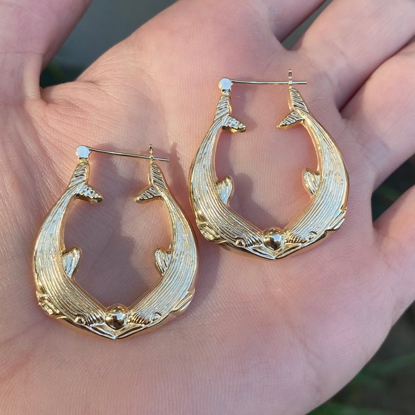 Vintage 14k Yellow Gold Large Dolphin Hoop Earrings - Quality Fine Estate Jewelry - Real Genuine Gold - Animal & Ocean