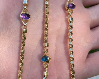 Solid 14k Yellow Gold Amethyst & Topaz Popcorn Chain Necklace - 29 inches - Quality Fine Estate Jewelry - Real Genuine Gold
