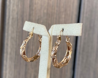 Vintage Solid 10k Yellow Gold Designed Hoop Earrings - Fine Esate Jewelry - Real Genuine Gold