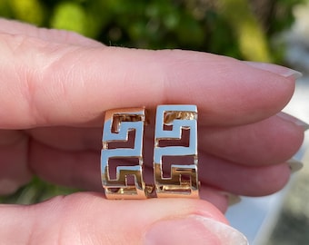 Vintage Solid 14k Yellow Gold Greek Key Drop Earrings - Fine Estate Jewelry - Real Genuine Gold