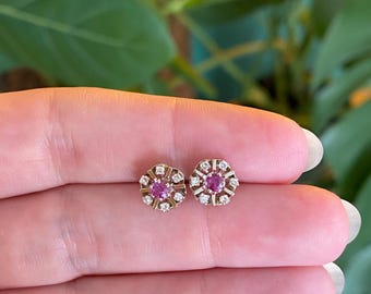 Vintage Solid 14k White Gold Pink & Clear Spinel Halo Stud Earrings