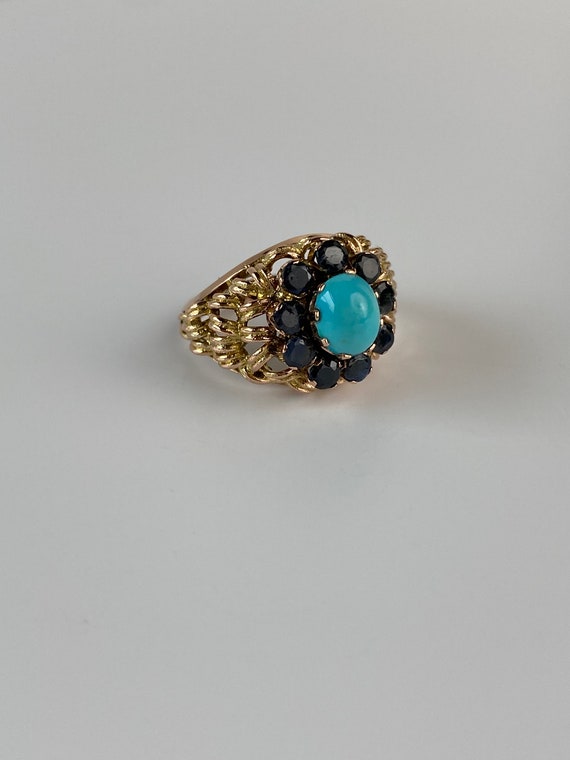 Vintage Solid 10k Yellow Gold Turquoise & Blue Sp… - image 6