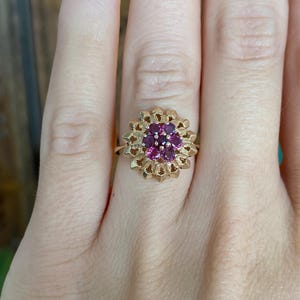 Vintage Solid 14k Yellow Gold Ruby Cluster Ring - Size 4.75