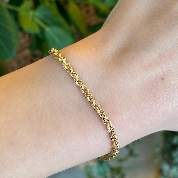 Vintage Solid 14k Yellow Gold Rope Chain Bracelet - 7 inches