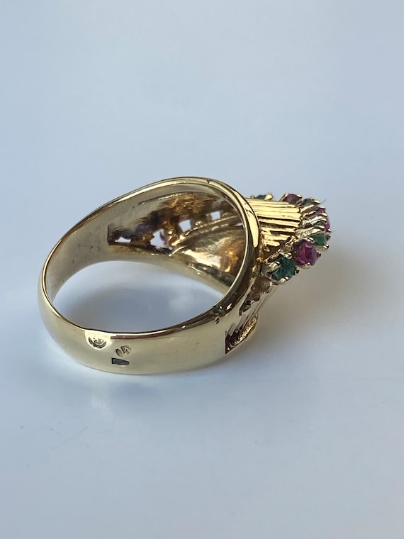 Vintage Solid 14k Yellow Gold Ruby Emerald Fluted… - image 8