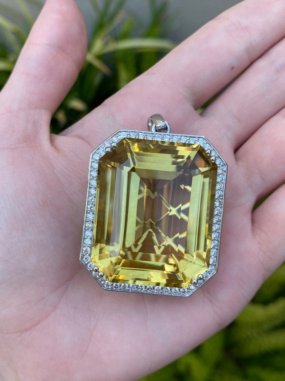 Solid 10k White Gold Large Citrine Diamond Pendant Charm for
