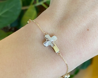 Vintage 10k White & Yellow Gold Cross Dainty Biker Link Chain Bracelet - 8 inches
