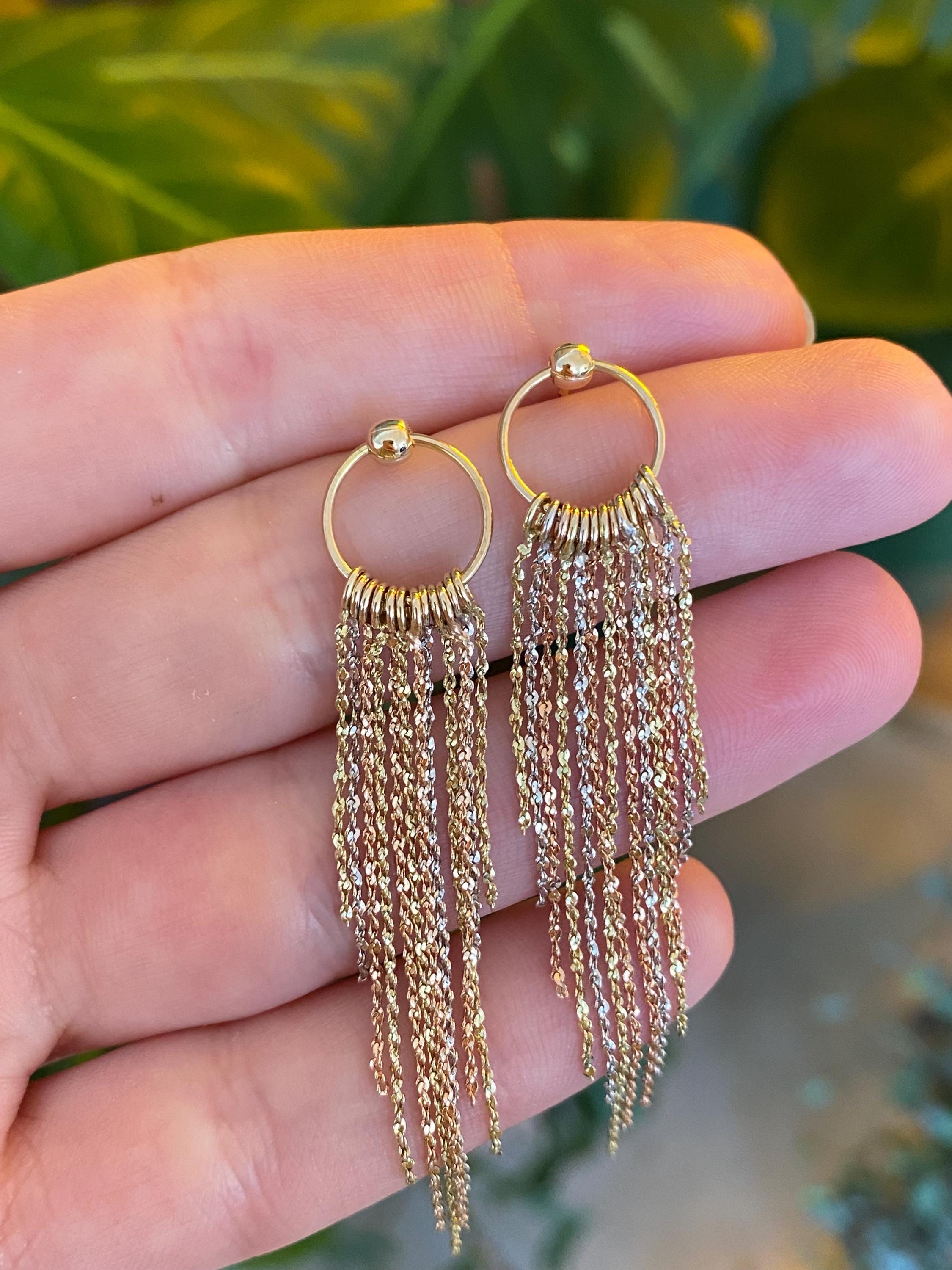 Vintage Solid 14k Tri Tone Gold Fringe Dangle Stud Earrings - Fine Estate Jewelry - Real Genuine Gold