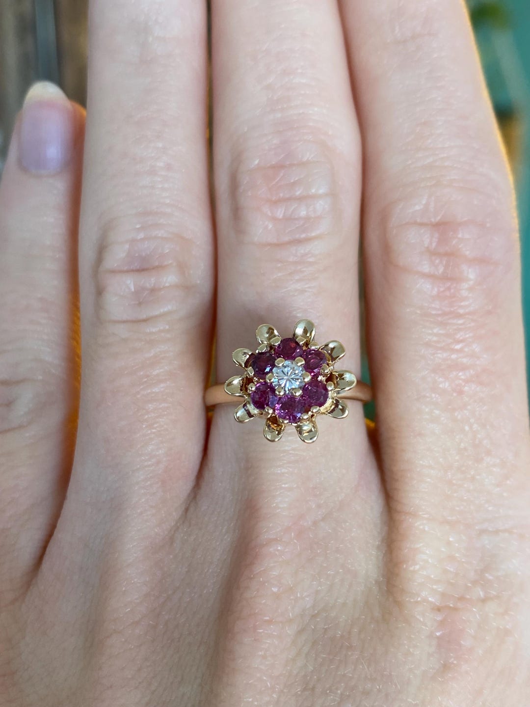 Vintage Solid 14k Yellow Gold Diamond Ruby Flower Ring - Size 6.75 - Etsy