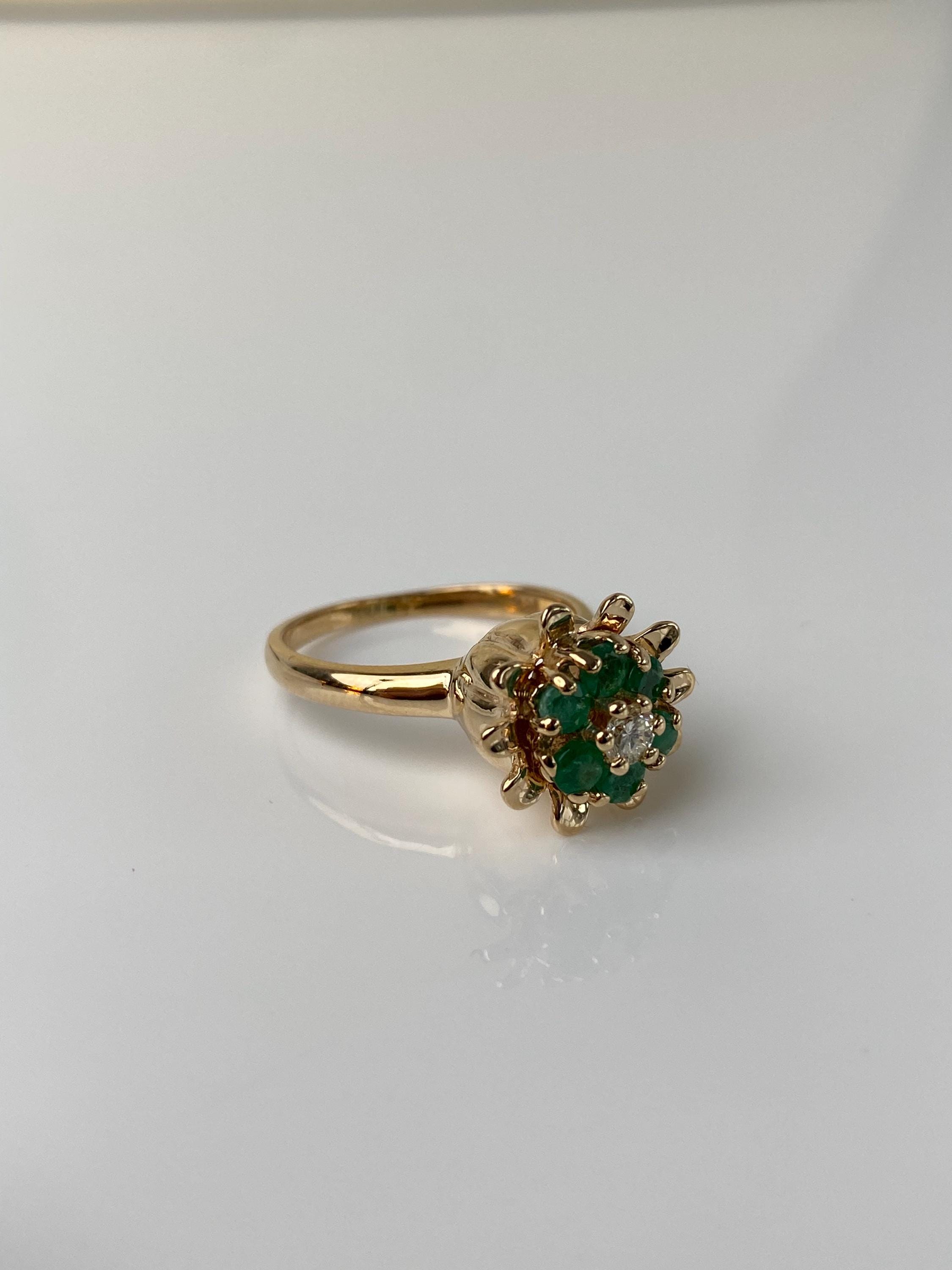 Vintage Solid 14k Yellow Gold Diamond Emerald Halo Flower Ring - Size 7 ...