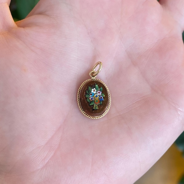 Vintage Solid 10k Yellow Gold Sunstone Mosaic Floral Cufflink Charm
