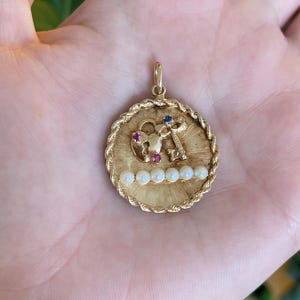 Vintage Solid 14k Yellow Gold Ruby Blue Sapphire Pearls Heart Lock Key Charm