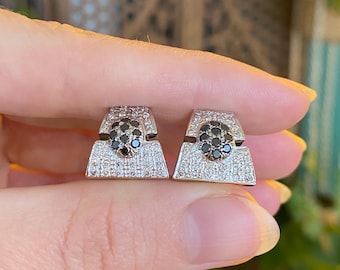 Vintage Solid 14k White Gold Black & Clear Diamond Drop Earrings