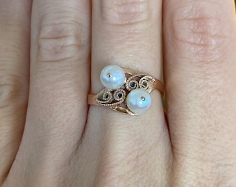 Vintage Solid 14k Rosey Gold Filigree Pearls Ring - Size 6.5