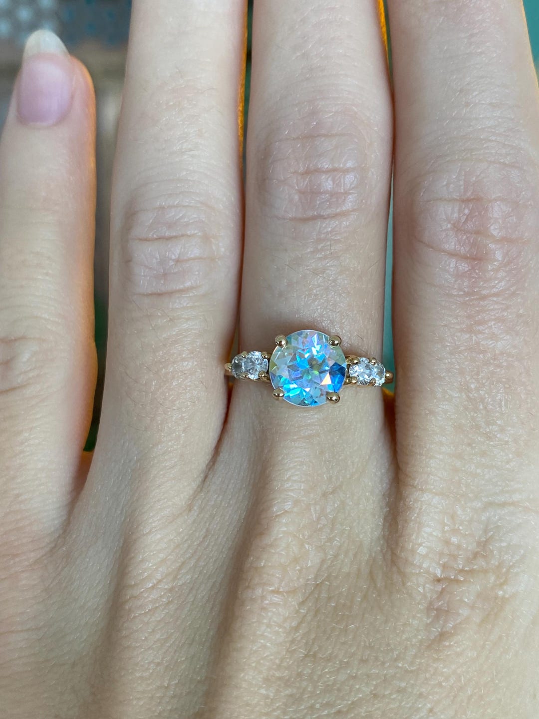 Vintage Solid 14k Yellow Gold Aura Quartz & Cubic Zirconia Ring - Size ...