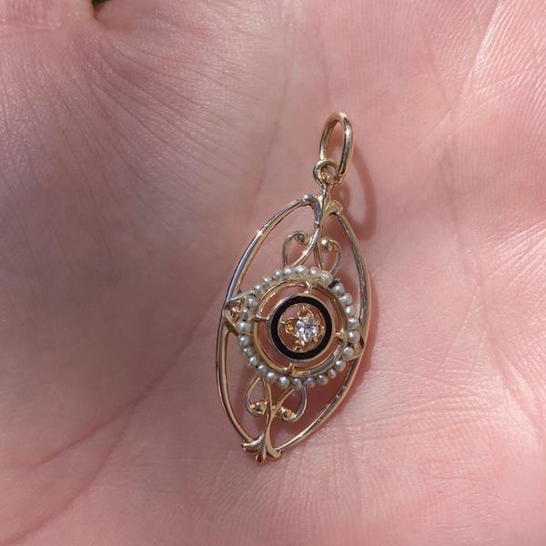 Vintage Solid 10k Yellow Gold Enamel Diamond Seed Pearl Charm - Real Genuine Gold - Quality Fine Jewelry