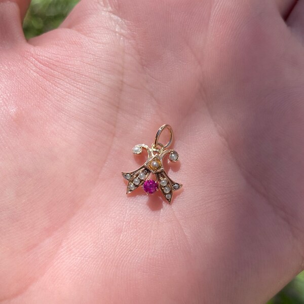 Solid 9k Yellow Gold Pink Spinel & Seed Pearl Stick Pin Conversion Charm - Quality Fine Estate Jewelry - Real Genuine Gold