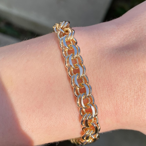 Pulsera vintage de oro amarillo macizo de 14k con doble eslabón y dije - 19 cm (7,5 pulgadas)