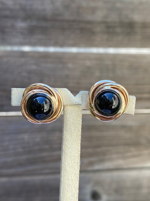 Vintage 14k Yellow Gold Onyx Circle Stud Earrings… - image 1