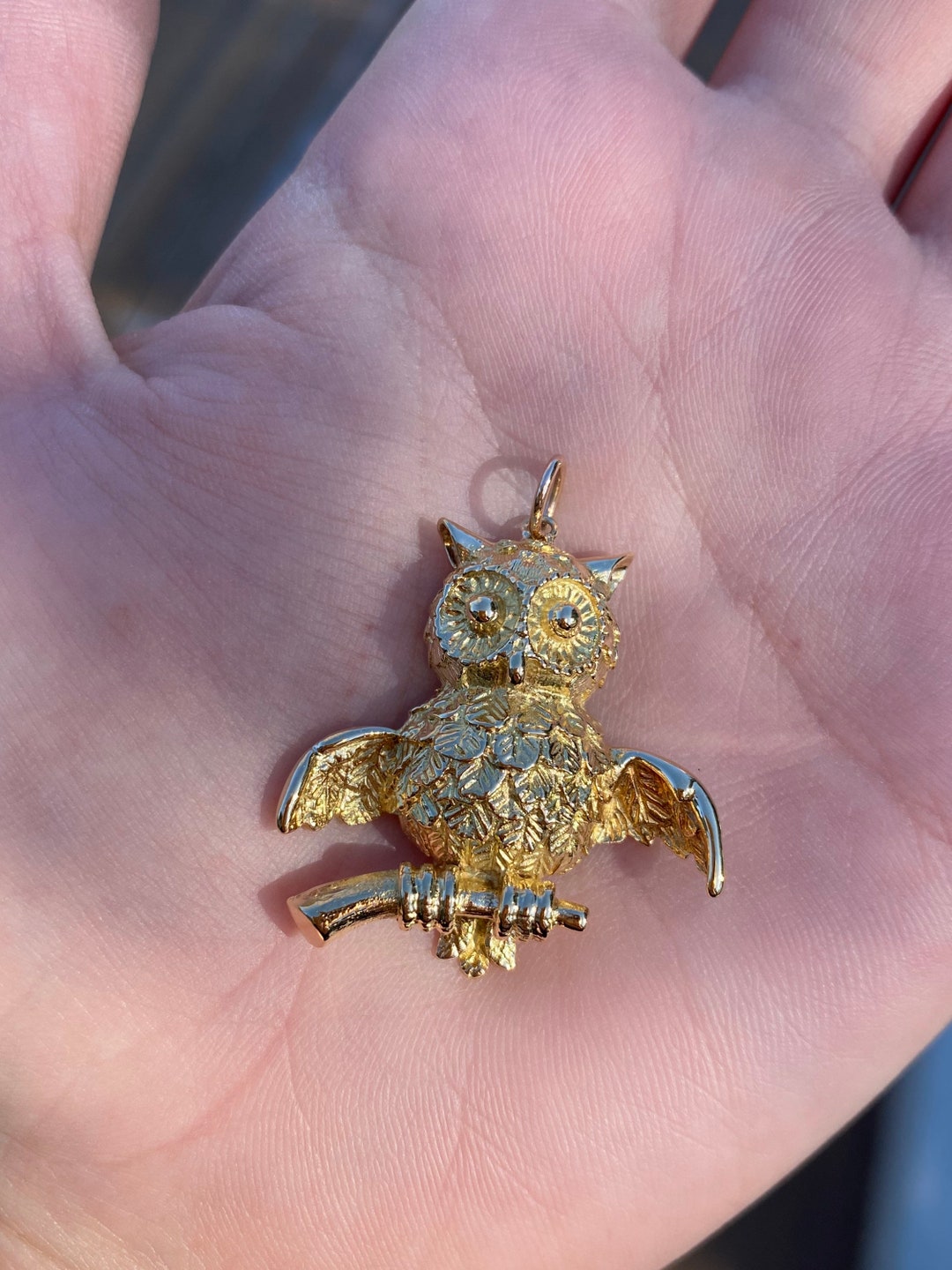 Vintage Solid 18k Yellow Gold Owl Charm Quality Fine Estate Jewelry