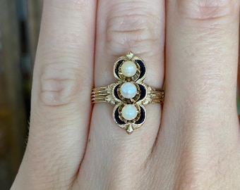 Vintage Solid 14k Yellow Gold Enamel Triple Pearl Ring - Size 4.75