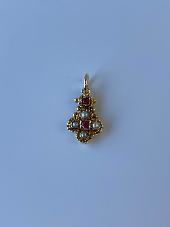Vintage Solid 18k Yellow Gold Pink Sapphire & Pea… - image 3