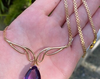 Vintage Solid 14k Yellow Gold Amethyst Flat Chain Necklace - 20.5 inches - Fine Estate Jewelry - Real Genuine Gold