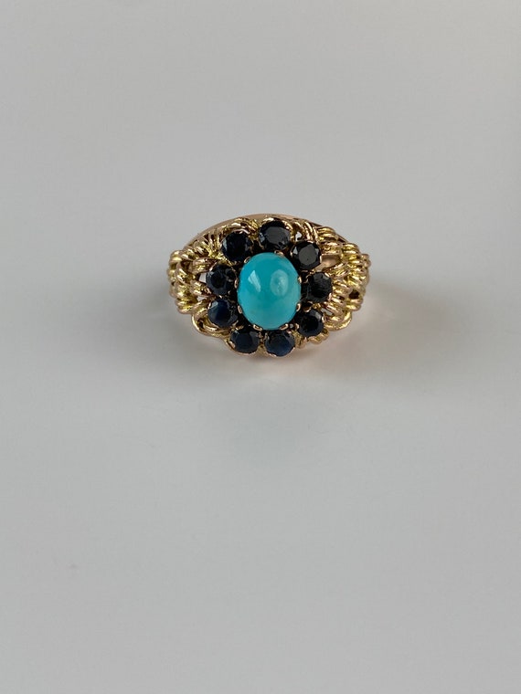 Vintage Solid 10k Yellow Gold Turquoise & Blue Sp… - image 5