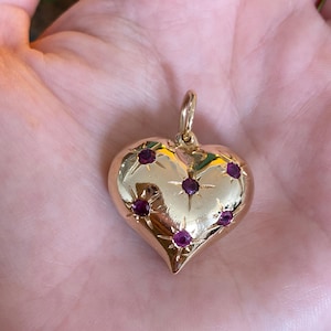 Vintage 14k Yellow Gold Ruby Blue Sapphire Large Puffy Heart Charm - Fine Estate Jewelry -Real Genuine Gold