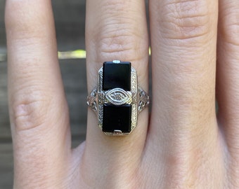 Vintage Solid 14k White Gold Art Deco Onyx & Diamond Ring - Size 5.5 - Quality Fine Estate Jewelry - Real Genuine Gold