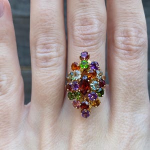 May include: A gold ring featuring a cluster of colourful gemstones, including red, orange, yellow, green, blue, and purple.