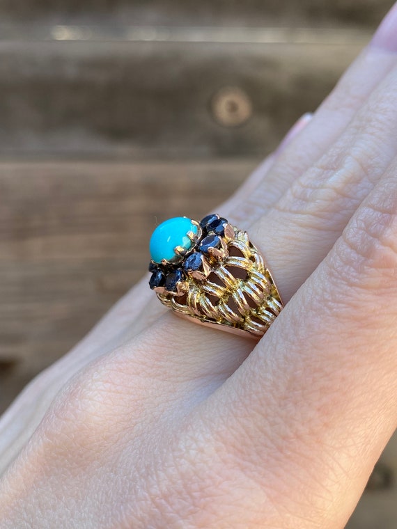 Vintage Solid 10k Yellow Gold Turquoise & Blue Sp… - image 3