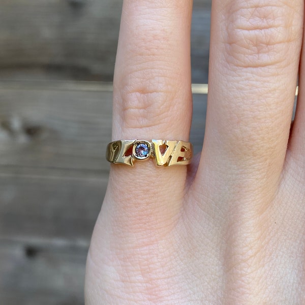 Vintage Solid 14k Yellow Gold Purple Spinel Love Ring Band - Size 4.25 - Fine Estate Jewelry - Real Genuine Gold