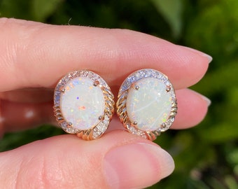 Vintage Solid 14k Yellow Gold Opal & Diamond Drop Earrings - Quality Fine Estate Jewelry - Real Genuine Gold - Gift For Her