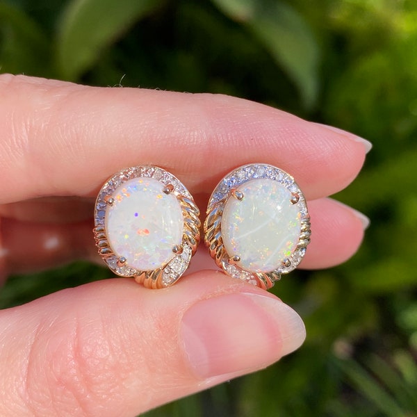 Vintage Solid 14k Yellow Gold Opal & Diamond Drop Earrings - Quality Fine Estate Jewelry - Real Genuine Gold - Gift For Her