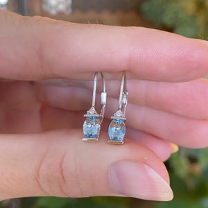 May include: A pair of silver drop earrings featuring oval, light blue gemstones. Each earring has a small, rectangular silver base and a small, clear gemstone at the top. The earrings are held up by a silver hook.