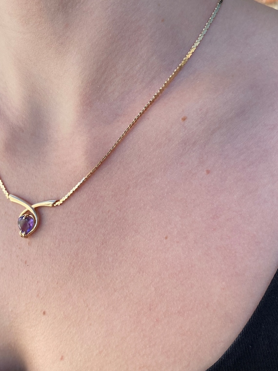 Vintage Solid 14k Yellow Gold Amethyst Heart Chai… - image 3