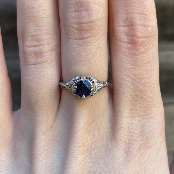 Vintage Solid 18k White Gold Art Deco Sapphire Ring Band - Size 6 - Fine Estate Jewelry - Real Genuine Gold