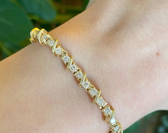 Vintage Solid 14k Yellow Gold Diamond Link Bracelet - 7.25 inches