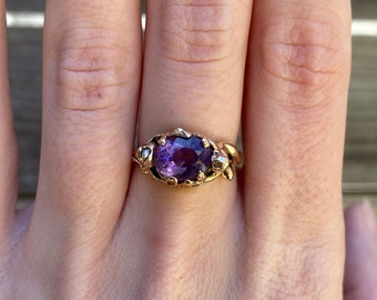 Vintage Solid 14k Yellow Gold Amethyst & Seed Pearl Ring - Size 6.5 - Quality Fine Estate Jewelry - Real Genuine Gold - Gift for Her