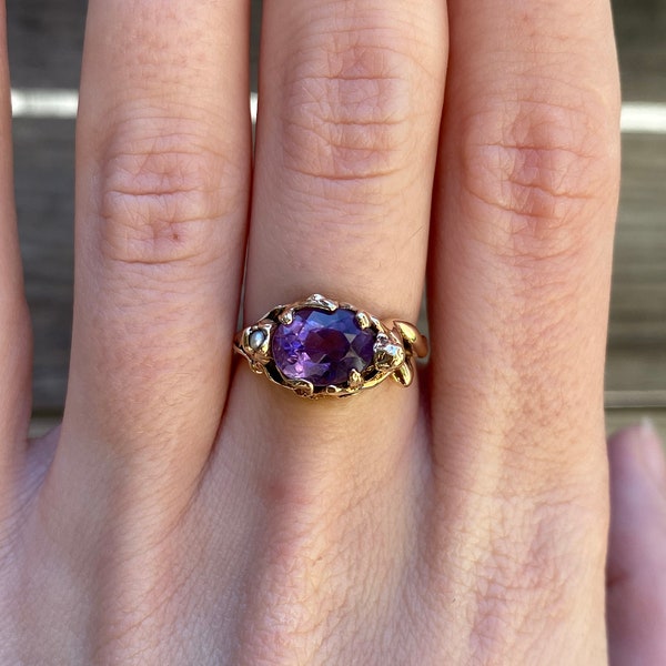 Vintage Solid 14k Yellow Gold Amethyst & Seed Pearl Ring - Size 6.5 - Quality Fine Estate Jewelry - Real Genuine Gold - Gift for Her