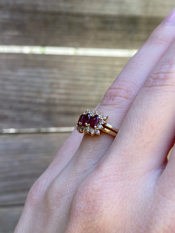 Vintage Solid 14k Yellow Gold Ruby & Diamond Halo… - image 3